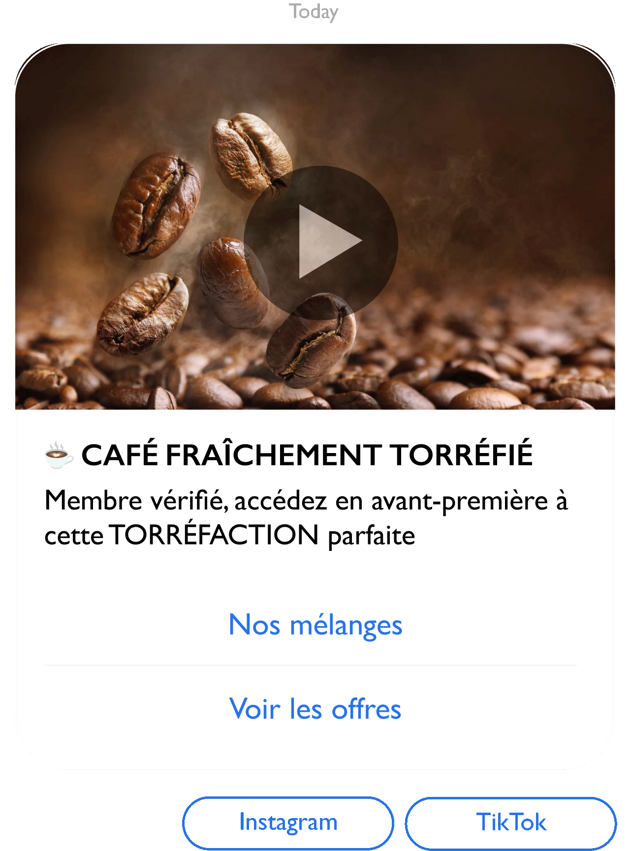 Exemple de message RCS enrichi - Torr&eacute;facteur avec programme de fid&eacute;lit&eacute; et offres promotionnelles