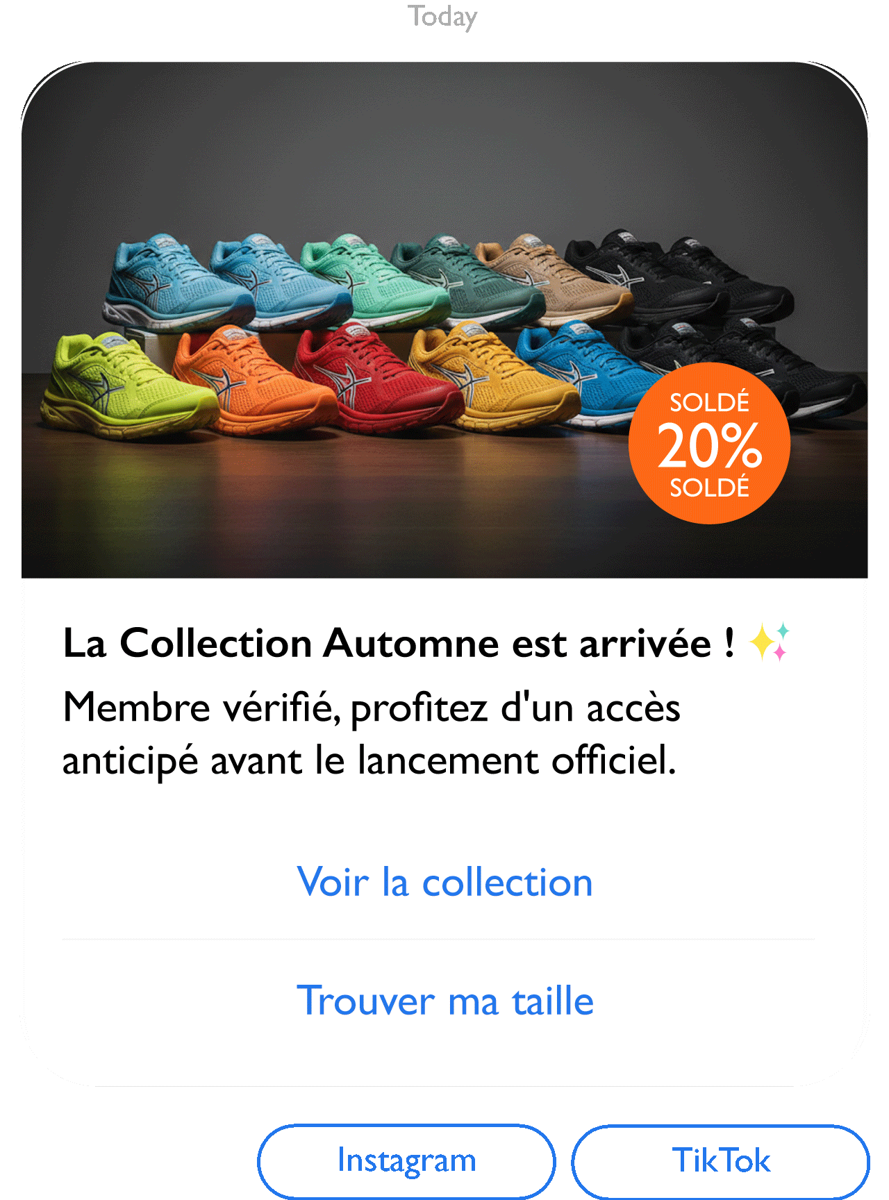 Exemple de message RCS enrichi - Collection de chaussures interactive avec carrousel de produits