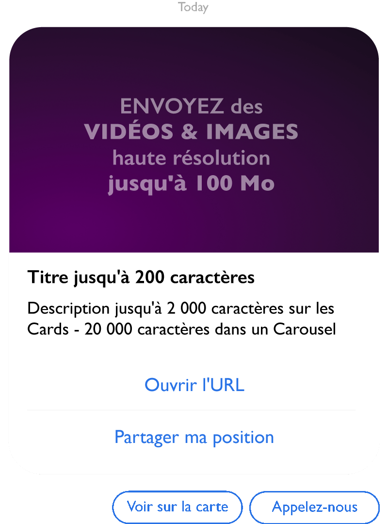 Exemple de Rich Card RCS montrant les limites RCS - vidéos et images haute résolution jusqu'à 100 Mo, titres jusqu'à 200 caractères, descriptions jusqu'à 2 000 caractères avec boutons d'action