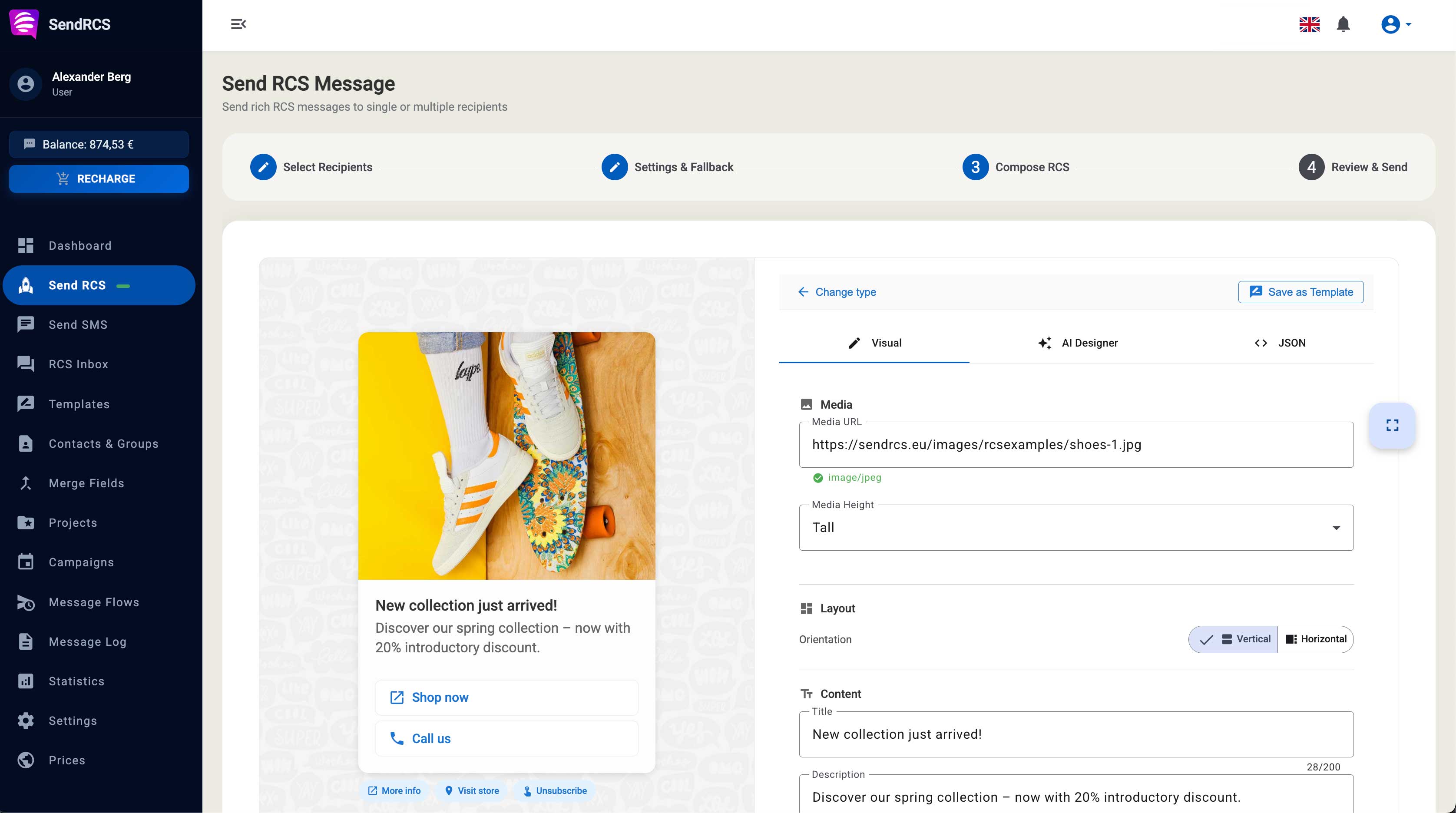 Envoyer des messages RCS en ligne - composez des rich cards avec images, boutons et carrousels