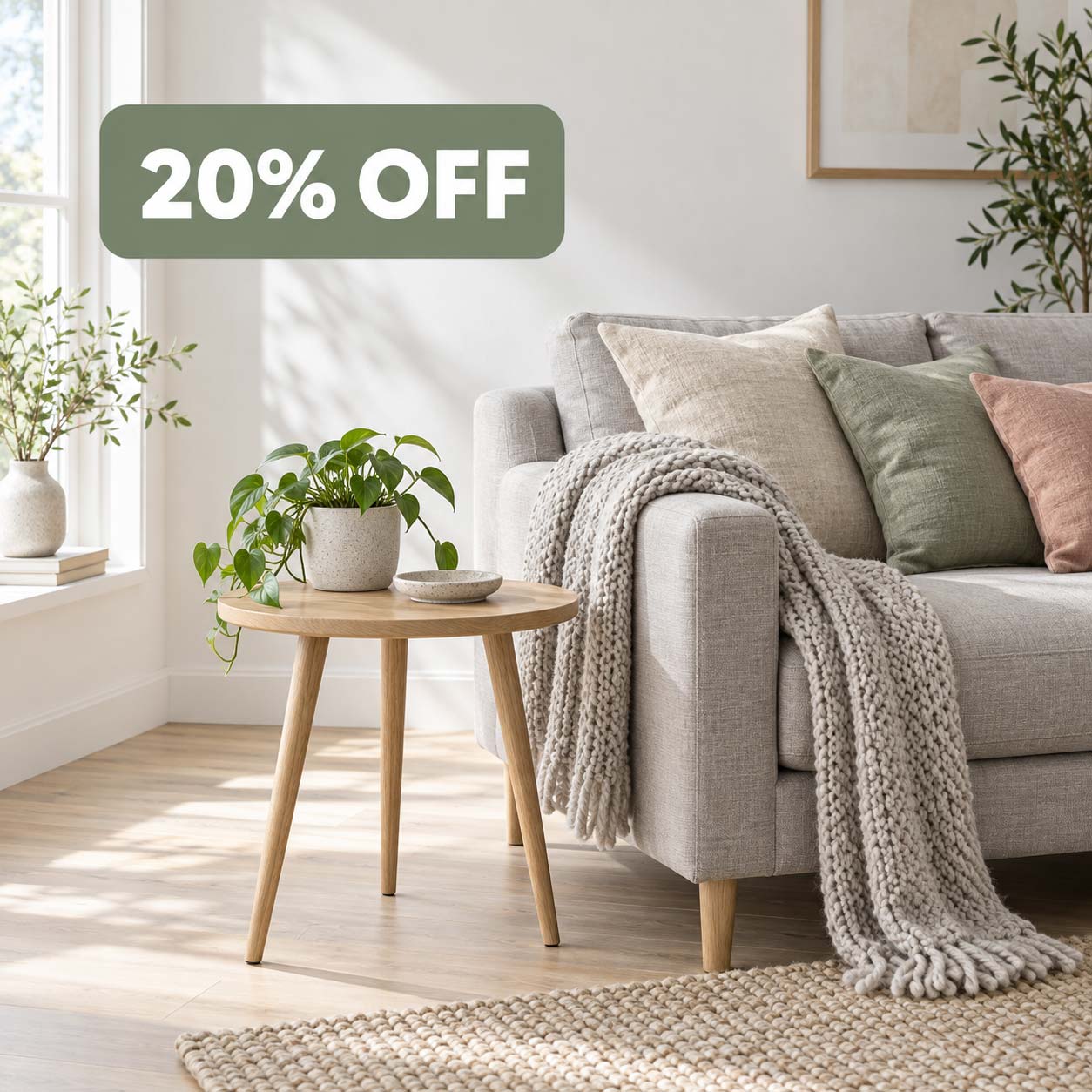 Salon avec une table d'appoint en chêne, des coussins en lin et un plaid en laine, avec un badge 20 % de remise