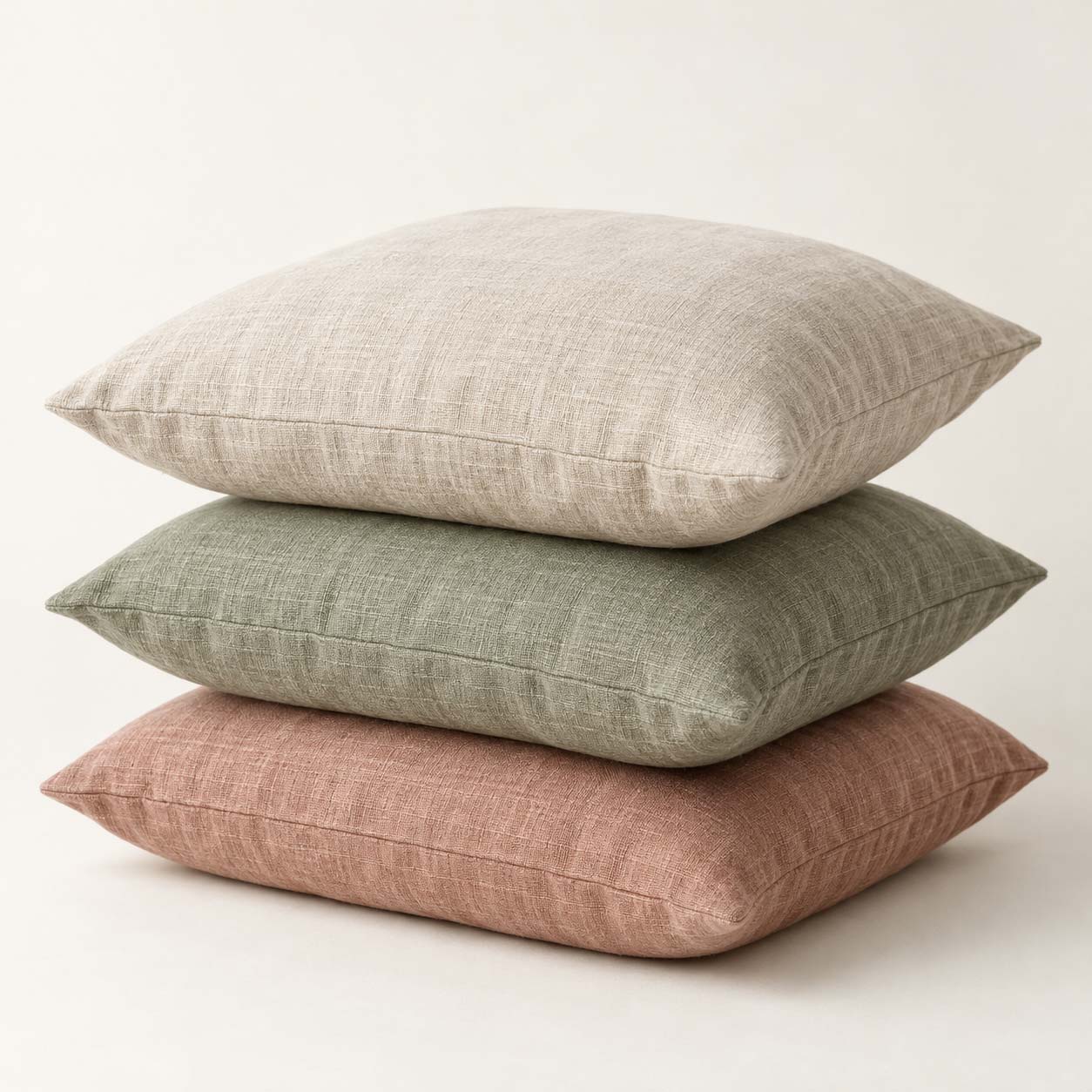 Trois coussins en lin beige, sauge et terracotta