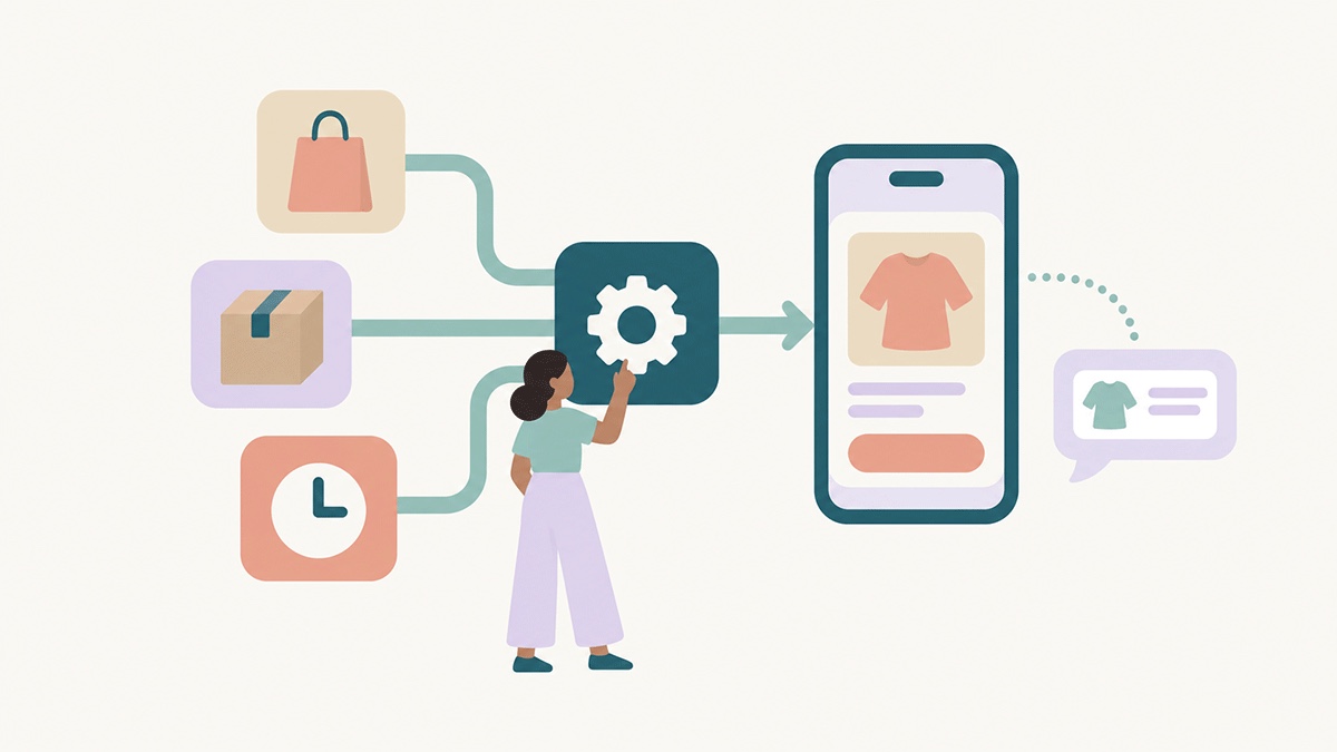 Déclencheurs commande, colis et minuterie dans Shopify Flow envoyant un message RCS avec repli SMS