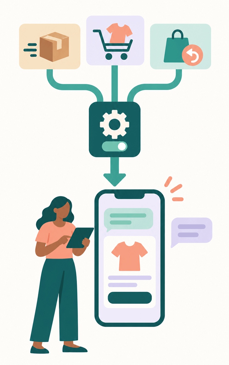 Déclencheurs expédition, panier et retour dans Shopify Flow passant par une étape SendRCS vers un message RCS sur un téléphone