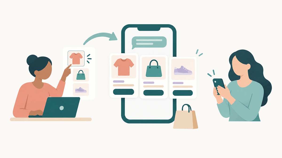 Produits Shopify transformés en rich cards RCS et en carrousel sur un téléphone