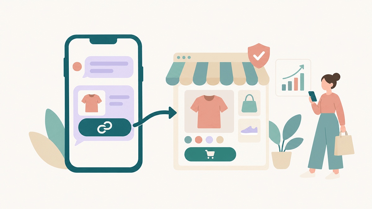 Un lien suivi dans un message ouvrant une boutique Shopify de confiance sur son propre domaine