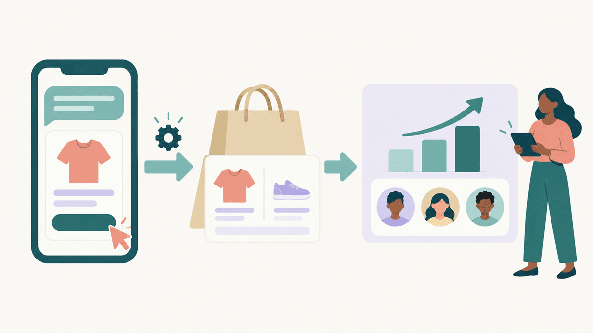 Un appui sur une fiche produit RCS mène à une commande Shopify, qui apparaît en chiffre d'affaires et acheteurs dans les statistiques